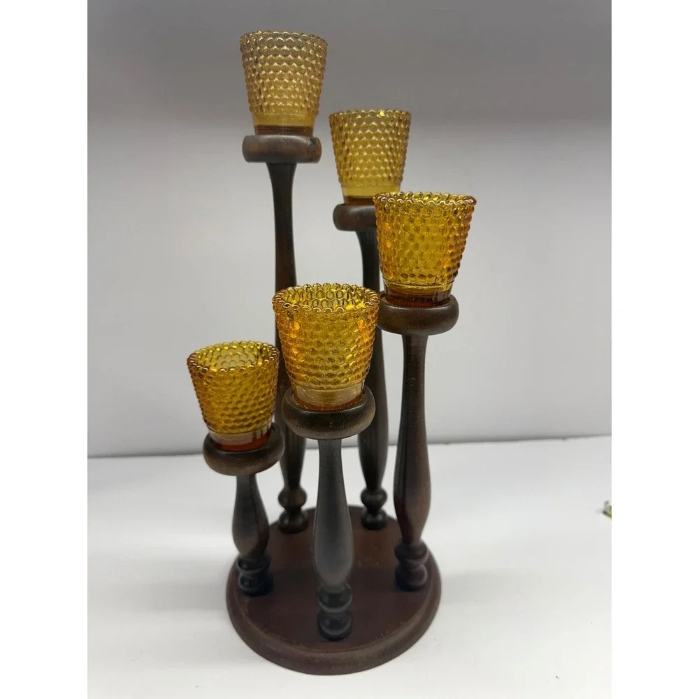 Vintage MCM 5 Tier Wood Candle Holder Amber Hobnail Glass Votive Candelabra